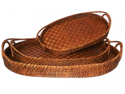 Oval rattan tray with bamboo bottom, set of 3 pcs